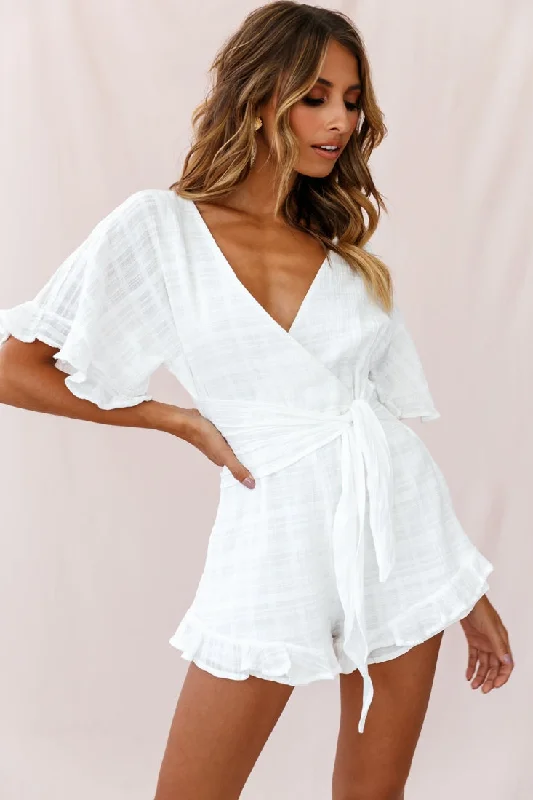 Strapless Women Dress with a Built - in Bra for Comfort and SupportKarin Frill Trim Waist Tie Romper White Strapless Women Dress with a Built - in Bra for Comfort and SupportKarin Frill Trim Waist Tie Romper White