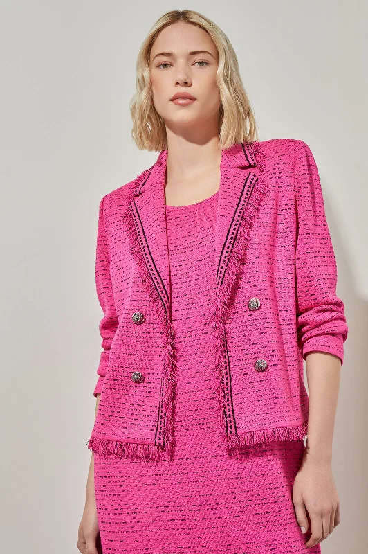 Women's Peplum Blazers in Emerald Green for a Stylish Work AttireLapel Collar Jacket - Eyelash Trim Knit, Carmine Rose Women's Peplum Blazers in Emerald Green for a Stylish Work AttireLapel Collar Jacket - Eyelash Trim Knit, Carmine Rose