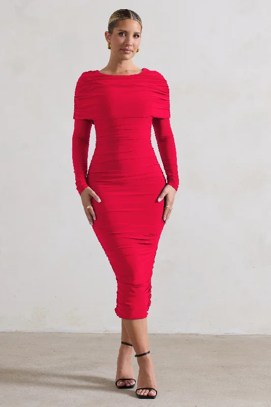 Sheath Women Dress with a Tailored Fit for a Professional LookLea | Red Long Sleeve Ruched Midi Dress with Draped Bardot Overlay Sheath Women Dress with a Tailored Fit for a Professional LookLea | Red Long Sleeve Ruched Midi Dress with Draped Bardot Overlay