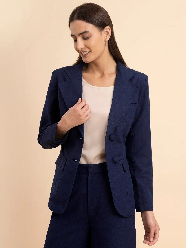 Women's Notched Lapel Blazers in Beige for a Timeless OutfitLinen Notch Lapel Collar Blazer - Navy Blue Women's Notched Lapel Blazers in Beige for a Timeless OutfitLinen Notch Lapel Collar Blazer - Navy Blue