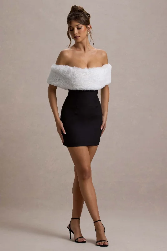 Strapless Women Dress with a Built - in Bra for Comfort and SupportLittle Luxe | Black Bardot Mini Dress With White Fur Trim Strapless Women Dress with a Built - in Bra for Comfort and SupportLittle Luxe | Black Bardot Mini Dress With White Fur Trim