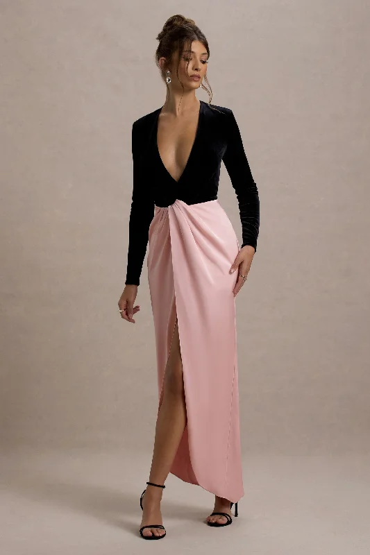 Maxi Women Dress with Floral Print for a Bohemian VibeLove Spell | Black Velvet Plunge-Neck Maxi Dress With Pink Satin Skirt Maxi Women Dress with Floral Print for a Bohemian VibeLove Spell | Black Velvet Plunge-Neck Maxi Dress With Pink Satin Skirt