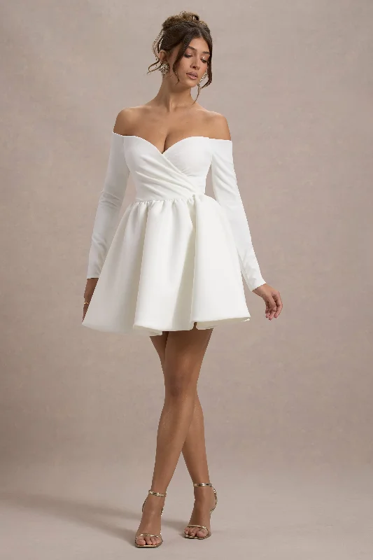 Lace - Embellished Women Dress for an Elegant and Sophisticated AppearanceMarta | White Bardot Long-Sleeve Mini Dress Lace - Embellished Women Dress for an Elegant and Sophisticated AppearanceMarta | White Bardot Long-Sleeve Mini Dress