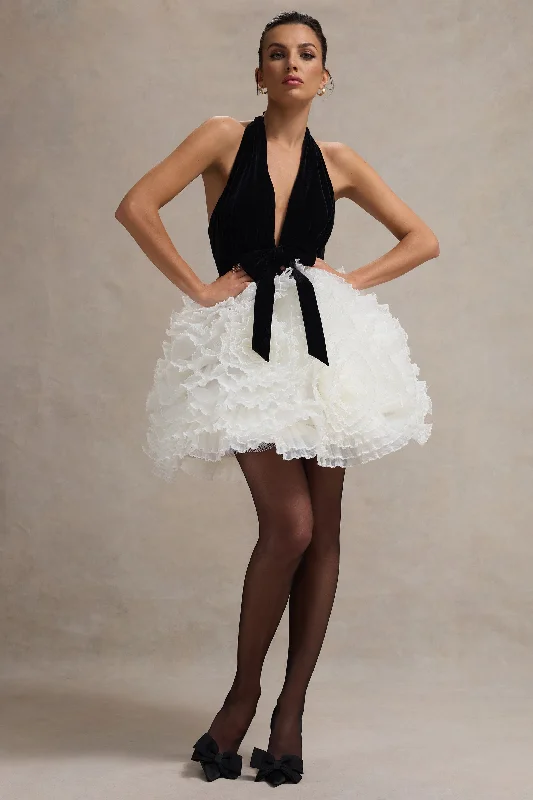 Empire Waist Women Dress to Accentuate the Bust and Conceal the WaistMeringue | Black Velvet Plunge-Neck Mini Dress With Tulle Skirt Empire Waist Women Dress to Accentuate the Bust and Conceal the WaistMeringue | Black Velvet Plunge-Neck Mini Dress With Tulle Skirt