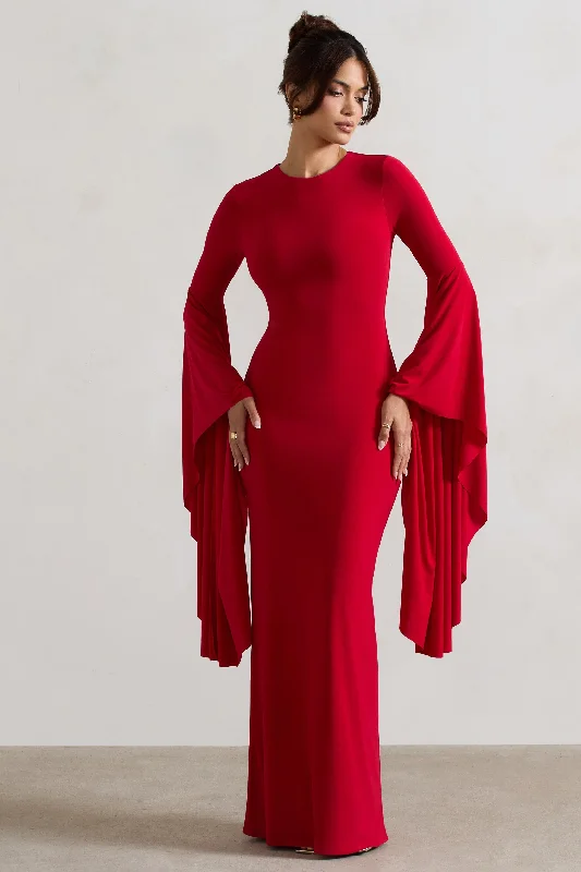 Plus Size Women Dress with a Flattering A - Line Cut for Comfort and StyleModena | Red Waterfall Sleeve Maxi Dress Plus Size Women Dress with a Flattering A - Line Cut for Comfort and StyleModena | Red Waterfall Sleeve Maxi Dress