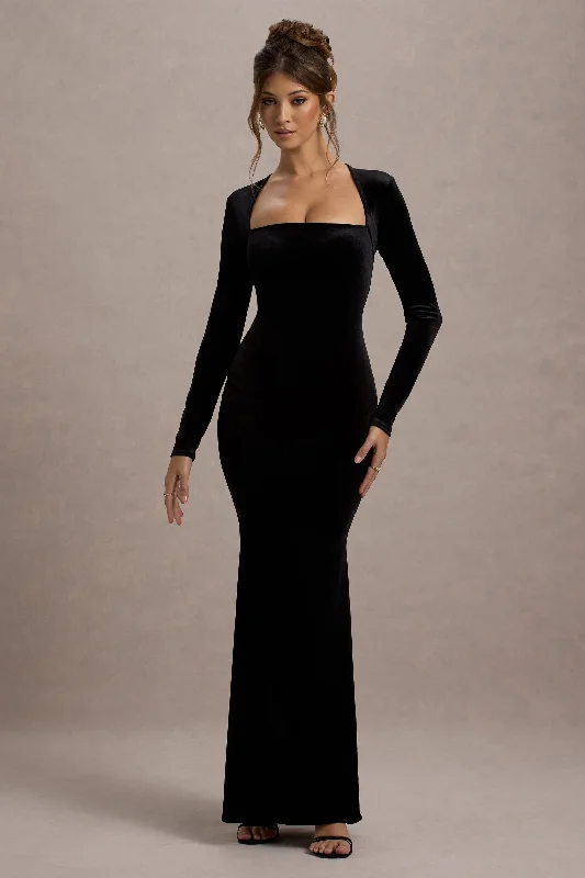 Pleated Women Dress with a Timeless and Elegant TextureMorana | Black Velvet Square-Neck Long-Sleeve Maxi Dress Pleated Women Dress with a Timeless and Elegant TextureMorana | Black Velvet Square-Neck Long-Sleeve Maxi Dress