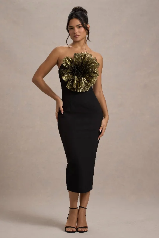 Plus Size Women Dress with a Flattering A - Line Cut for Comfort and StyleMoya | Black & Gold Bodycon Midi Dress With Corsage Detail Plus Size Women Dress with a Flattering A - Line Cut for Comfort and StyleMoya | Black & Gold Bodycon Midi Dress With Corsage Detail