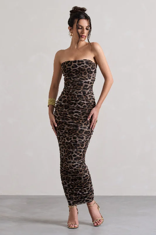 Mermaid - Style Women Dress with a Fitted Silhouette for Special OccasionsMy Lady | Leopard Print Strapless Bodycon Ruched Mesh Midi Dress Mermaid - Style Women Dress with a Fitted Silhouette for Special OccasionsMy Lady | Leopard Print Strapless Bodycon Ruched Mesh Midi Dress