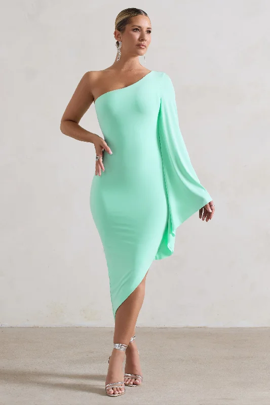 Printed Abstract Women Dress for a Modern and Artistic AppealMy Level | Mint Asymmetric Midi Dress With Cape Sleeve Printed Abstract Women Dress for a Modern and Artistic AppealMy Level | Mint Asymmetric Midi Dress With Cape Sleeve