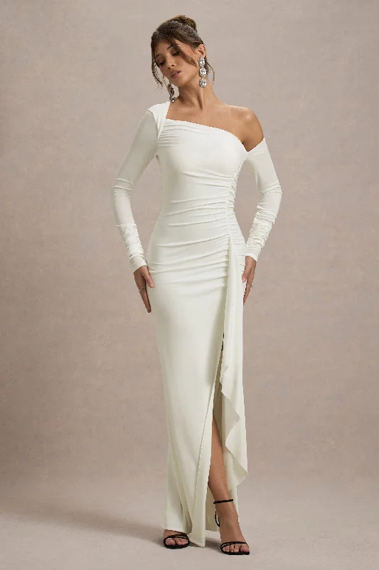Ball Gown Women Dress with a Full Skirt for a Princess - like LookNerina | Cream Asymmetric Long-Sleeve Split Maxi Dress Ball Gown Women Dress with a Full Skirt for a Princess - like LookNerina | Cream Asymmetric Long-Sleeve Split Maxi Dress