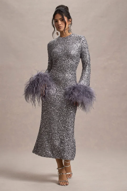 Pleated Women Dress with a Timeless and Elegant TextureNorth Star | Silver Sequin Long-Sleeve Midi Dress With Feather Cuffs Pleated Women Dress with a Timeless and Elegant TextureNorth Star | Silver Sequin Long-Sleeve Midi Dress With Feather Cuffs