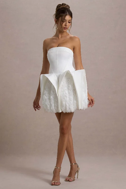Halter Neck Women Dress to Show Off the Shoulders and NecklineOrchid Oasis | White Bandeau Mini Dress With Puff Floral Hem Halter Neck Women Dress to Show Off the Shoulders and NecklineOrchid Oasis | White Bandeau Mini Dress With Puff Floral Hem