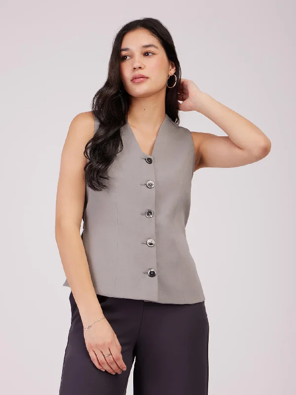 Plus Size Women's Sequin - Embellished Blazers in Silver for a Glamorous PartyPlacket Detail Waistcoat - Grey Plus Size Women's Sequin - Embellished Blazers in Silver for a Glamorous PartyPlacket Detail Waistcoat - Grey
