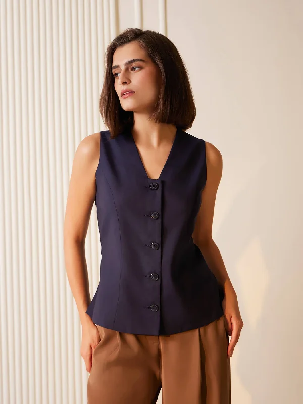 Women's Notched Lapel Blazers in Beige for a Timeless OutfitPlacket Detail Waistcoat - Navy Blue Women's Notched Lapel Blazers in Beige for a Timeless OutfitPlacket Detail Waistcoat - Navy Blue