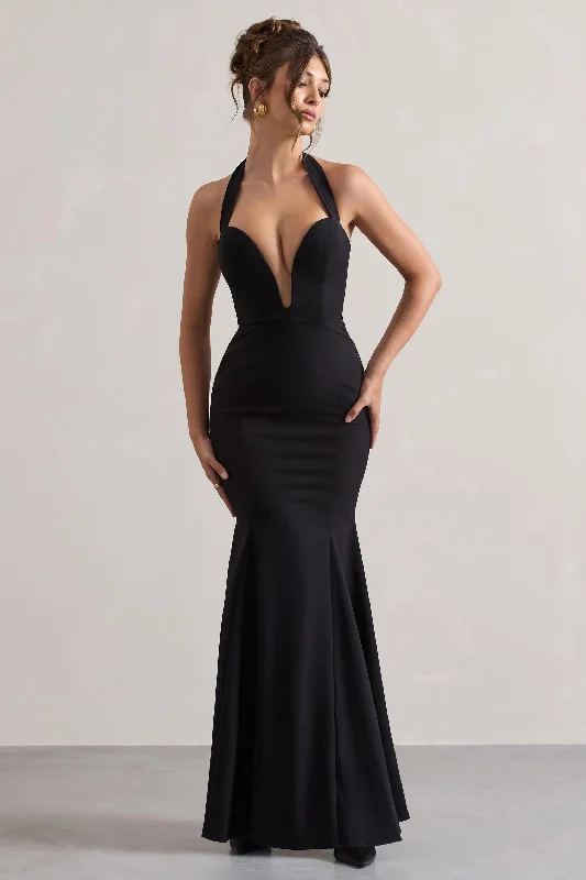 Little Black Women Dress with Sequins for a Glamorous Night OutPlaza | Black Plunge Halter-Neck Fishtail Maxi Dress Little Black Women Dress with Sequins for a Glamorous Night OutPlaza | Black Plunge Halter-Neck Fishtail Maxi Dress
