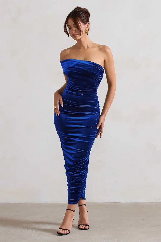 Mermaid - Style Women Dress with a Fitted Silhouette for Special OccasionsRemember Me | Cobalt Blue Velvet One Shoulder Midi Dress Mermaid - Style Women Dress with a Fitted Silhouette for Special OccasionsRemember Me | Cobalt Blue Velvet One Shoulder Midi Dress