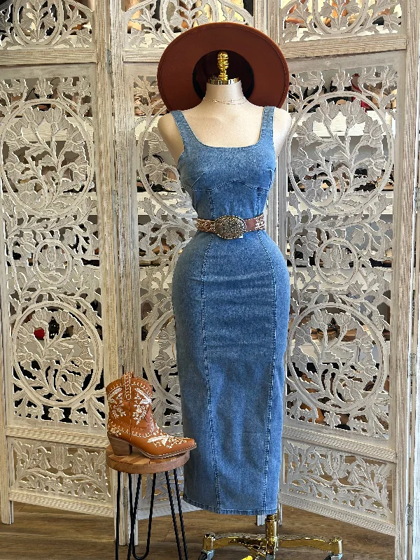 Empire Waist Women Dress to Accentuate the Bust and Conceal the WaistScoop Back Denim Midi Dress - Estira Poco, Slightly Stretchy Empire Waist Women Dress to Accentuate the Bust and Conceal the WaistScoop Back Denim Midi Dress - Estira Poco, Slightly Stretchy