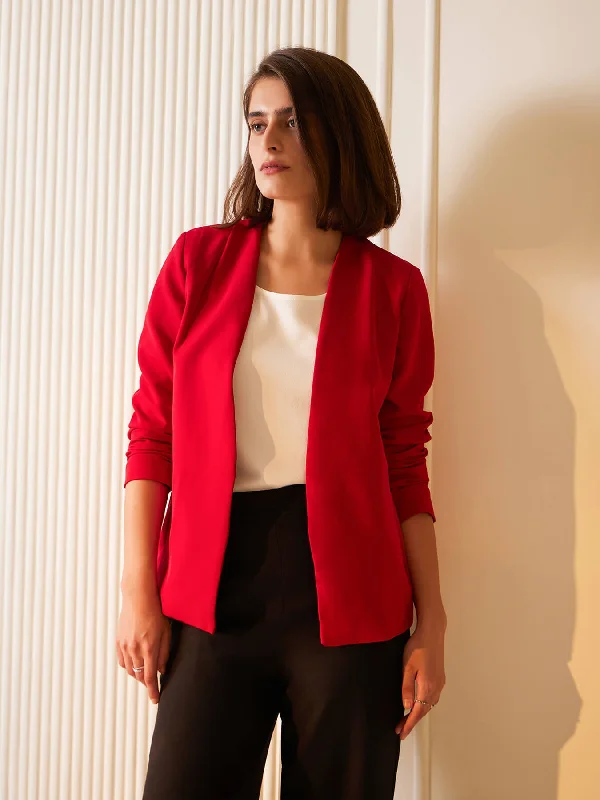 Women's Tailored Stretch Blazers in Navy Blue for Business MeetingsStylish Jacket With Hook Closure - Red Women's Tailored Stretch Blazers in Navy Blue for Business MeetingsStylish Jacket With Hook Closure - Red