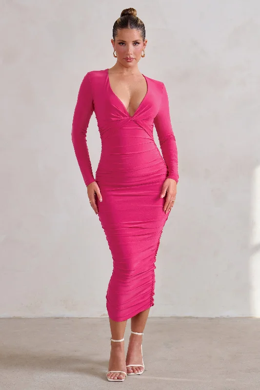Ball Gown Women Dress with a Full Skirt for a Princess - like LookRenee | Hot Pink Plunge Twist Neckline Long Sleeve Ruched Midi Dress Ball Gown Women Dress with a Full Skirt for a Princess - like LookRenee | Hot Pink Plunge Twist Neckline Long Sleeve Ruched Midi Dress