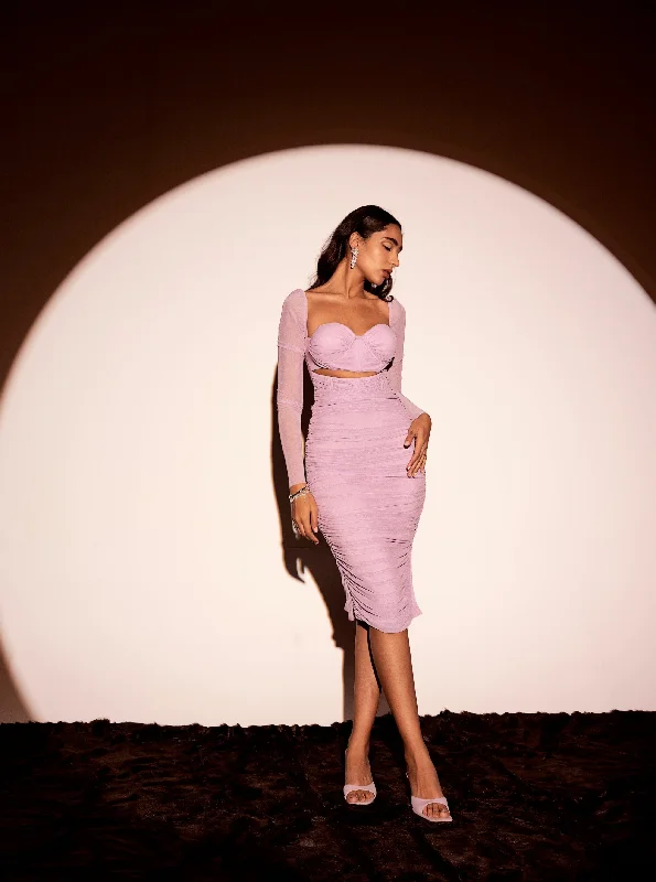 Pleated Women Dress with a Timeless and Elegant TextureTatiana Lavender Ruched Midi Corset Dress Pleated Women Dress with a Timeless and Elegant TextureTatiana Lavender Ruched Midi Corset Dress