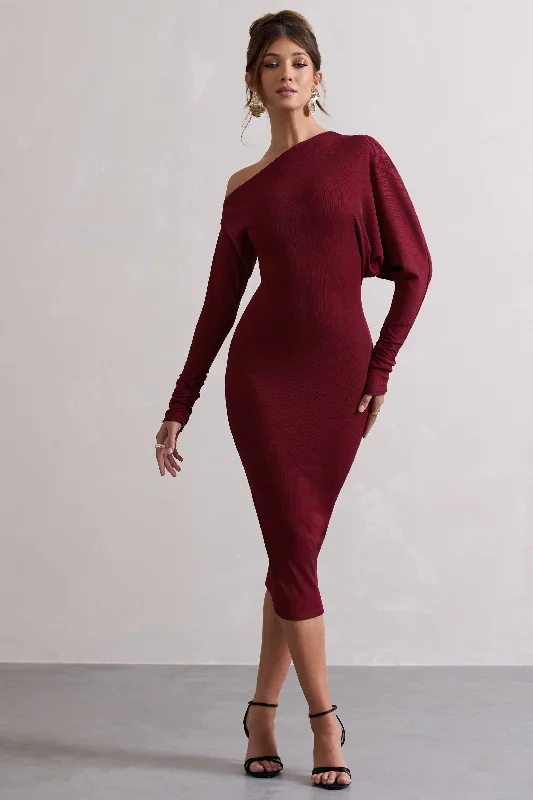 Shift Women Dress with a Simple and Classic Design for Everyday WearThora | Berry Rib Knit One-Shoulder Midi Dress Shift Women Dress with a Simple and Classic Design for Everyday WearThora | Berry Rib Knit One-Shoulder Midi Dress
