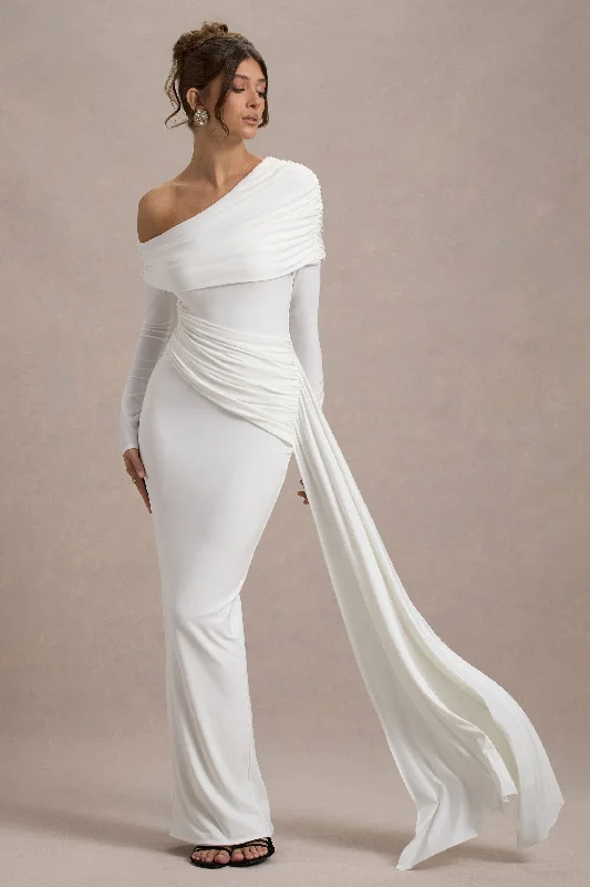 Pleated Women Dress with a Timeless and Elegant TextureValina | White Ruched Asymmetric Maxi Dress With Drape Pleated Women Dress with a Timeless and Elegant TextureValina | White Ruched Asymmetric Maxi Dress With Drape