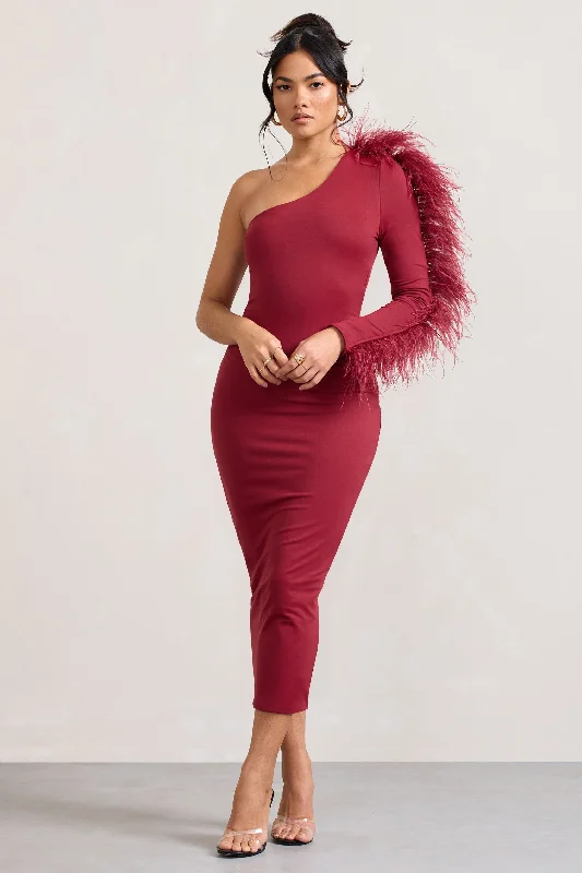 Plus Size Women Dress with a Flattering A - Line Cut for Comfort and StyleWild One | Burgundy One-Shoulder Bodycon Midi Dress With Feather-Trimmed Sleeve Plus Size Women Dress with a Flattering A - Line Cut for Comfort and StyleWild One | Burgundy One-Shoulder Bodycon Midi Dress With Feather-Trimmed Sleeve