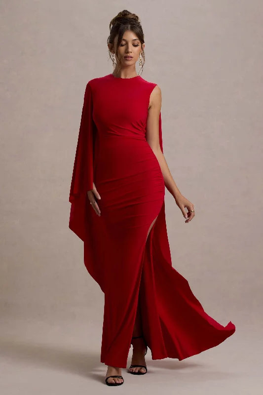 Strapless Women Dress with a Built - in Bra for Comfort and SupportYuna | Red Draped Maxi Dress With Cape Strapless Women Dress with a Built - in Bra for Comfort and SupportYuna | Red Draped Maxi Dress With Cape