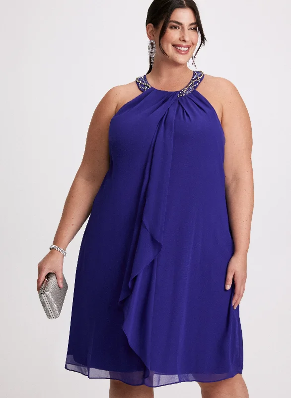 Plus Size Women Dress with a Flattering A - Line Cut for Comfort and StyleBeaded Flounce Front Dress Plus Size Women Dress with a Flattering A - Line Cut for Comfort and StyleBeaded Flounce Front Dress
