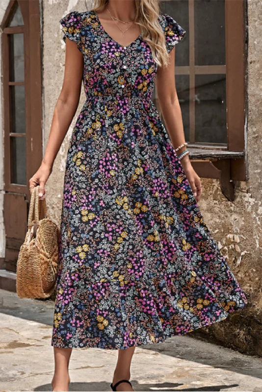 Ball Gown Women Dress with a Full Skirt for a Princess - like LookFloral Ruffle Sleeve Midi Dress Ball Gown Women Dress with a Full Skirt for a Princess - like LookFloral Ruffle Sleeve Midi Dress