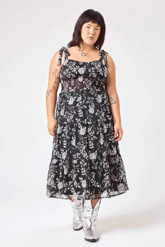 Pleated Women Dress with a Timeless and Elegant TextureBlack Floral Tie Shoulder Ruffle Midi Dress Pleated Women Dress with a Timeless and Elegant TextureBlack Floral Tie Shoulder Ruffle Midi Dress