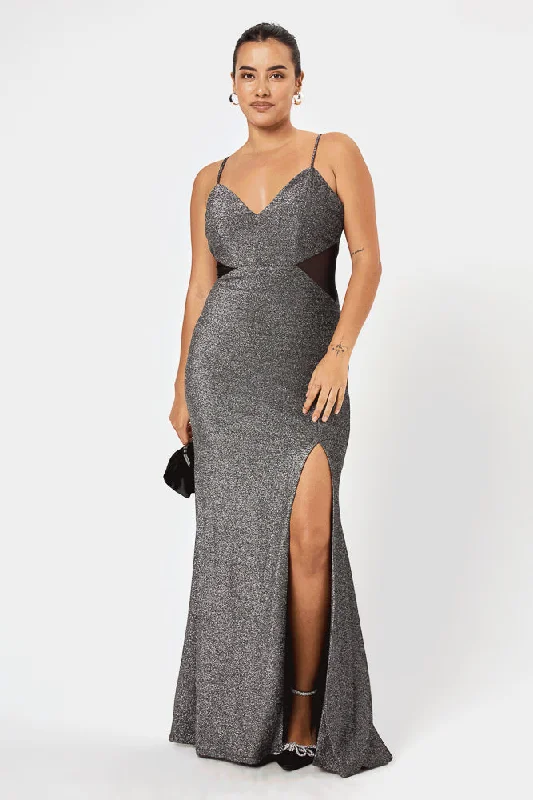 Plus Size Women Dress with a Flattering A - Line Cut for Comfort and StyleBlack Sliver Mesh Cut-Out Gown Plus Size Women Dress with a Flattering A - Line Cut for Comfort and StyleBlack Sliver Mesh Cut-Out Gown