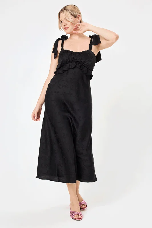 Sheath Women Dress with a Tailored Fit for a Professional LookBlack Tie Shoulder Ruffle Midi Dress Sheath Women Dress with a Tailored Fit for a Professional LookBlack Tie Shoulder Ruffle Midi Dress