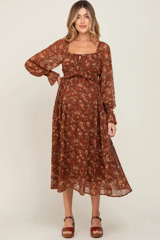 Ball Gown Women Dress with a Full Skirt for a Princess - like LookBrown Floral Chiffon Smocked Waist Maternity Midi Dress Ball Gown Women Dress with a Full Skirt for a Princess - like LookBrown Floral Chiffon Smocked Waist Maternity Midi Dress