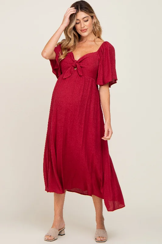 Lace - Embellished Women Dress for an Elegant and Sophisticated AppearanceBurgundy Front Tie Ruffle Sleeve Maternity Midi Dress Lace - Embellished Women Dress for an Elegant and Sophisticated AppearanceBurgundy Front Tie Ruffle Sleeve Maternity Midi Dress