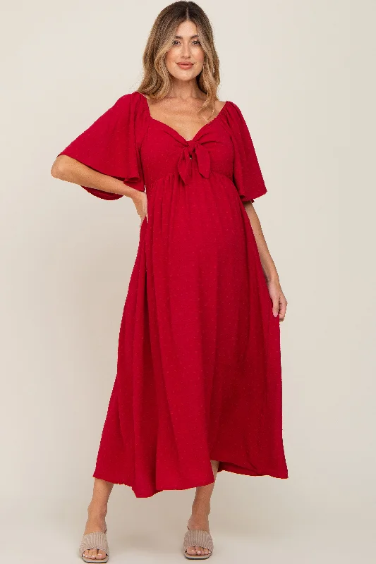 Empire Waist Women Dress to Accentuate the Bust and Conceal the WaistBurgundy Textured Dot Front Tie Ruffle Sleeve Maternity Midi Dress Empire Waist Women Dress to Accentuate the Bust and Conceal the WaistBurgundy Textured Dot Front Tie Ruffle Sleeve Maternity Midi Dress