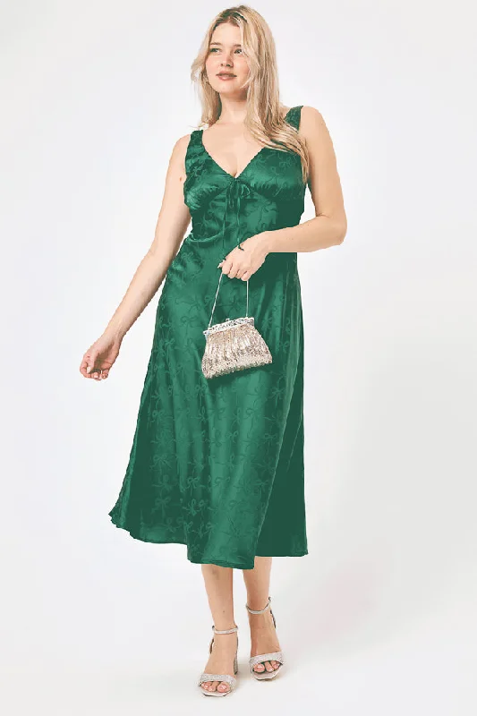 Ball Gown Women Dress with a Full Skirt for a Princess - like LookEmerald Satin Bow Jacquard Midi Dress Ball Gown Women Dress with a Full Skirt for a Princess - like LookEmerald Satin Bow Jacquard Midi Dress