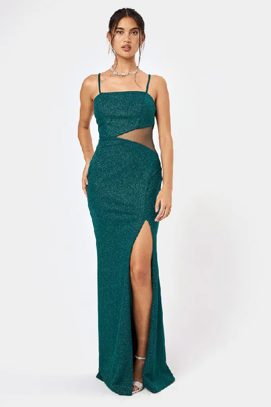 Halter Neck Women Dress to Show Off the Shoulders and NecklineHunter Green Side Cut-Out Glitter Gown Halter Neck Women Dress to Show Off the Shoulders and NecklineHunter Green Side Cut-Out Glitter Gown