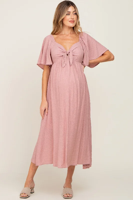 Plus Size Women Dress with a Flattering A - Line Cut for Comfort and StyleMauve Front Tie Ruffle Sleeve Maternity Midi Dress Plus Size Women Dress with a Flattering A - Line Cut for Comfort and StyleMauve Front Tie Ruffle Sleeve Maternity Midi Dress