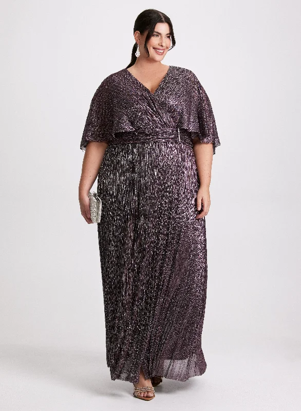 Mermaid - Style Women Dress with a Fitted Silhouette for Special OccasionsMetallic Cape Sleeve Plissé Dress Mermaid - Style Women Dress with a Fitted Silhouette for Special OccasionsMetallic Cape Sleeve Plissé Dress