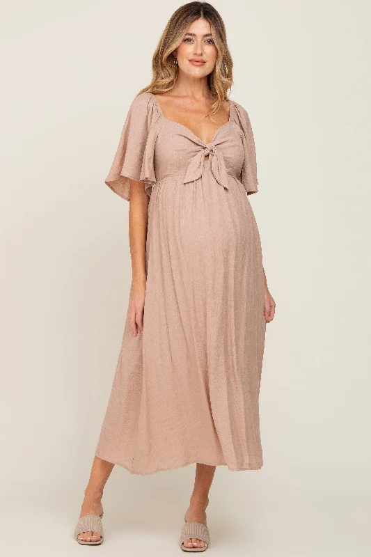 Empire Waist Women Dress to Accentuate the Bust and Conceal the WaistMocha Front Tie Ruffle Sleeve Maternity Midi Dress Empire Waist Women Dress to Accentuate the Bust and Conceal the WaistMocha Front Tie Ruffle Sleeve Maternity Midi Dress