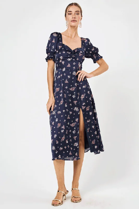 Long - Sleeve Women Dress in Velvet for a Luxurious Winter LookNavy Floral Puff Sleeve Midi Dress Long - Sleeve Women Dress in Velvet for a Luxurious Winter LookNavy Floral Puff Sleeve Midi Dress