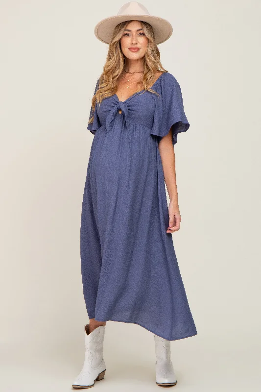 Pleated Women Dress with a Timeless and Elegant TextureNavy Front Tie Ruffle Sleeve Maternity Midi Dress Pleated Women Dress with a Timeless and Elegant TextureNavy Front Tie Ruffle Sleeve Maternity Midi Dress