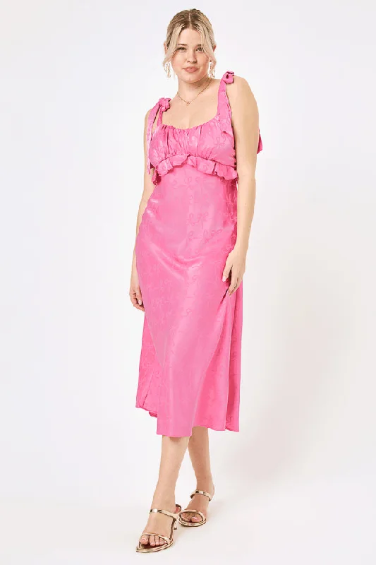 Off - the - Shoulder Women Dress for a Romantic and Feminine LookPInk Tie Shoulder Ruffle Midi Dress Off - the - Shoulder Women Dress for a Romantic and Feminine LookPInk Tie Shoulder Ruffle Midi Dress