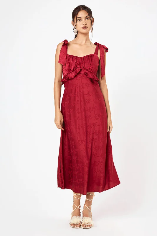 Shift Women Dress with a Simple and Classic Design for Everyday WearRed Tie Shoulder Ruffle Midi Dress Shift Women Dress with a Simple and Classic Design for Everyday WearRed Tie Shoulder Ruffle Midi Dress