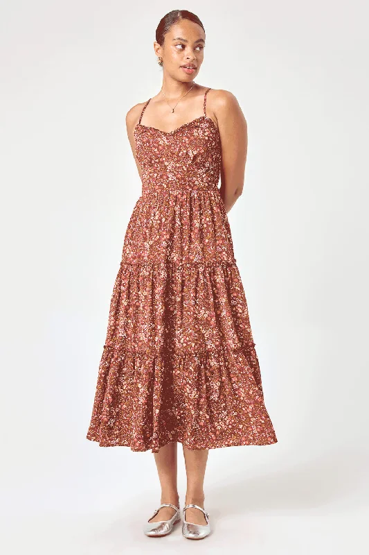 Pleated Women Dress with a Timeless and Elegant TextureRust Floral Lace up Back Dress Pleated Women Dress with a Timeless and Elegant TextureRust Floral Lace up Back Dress