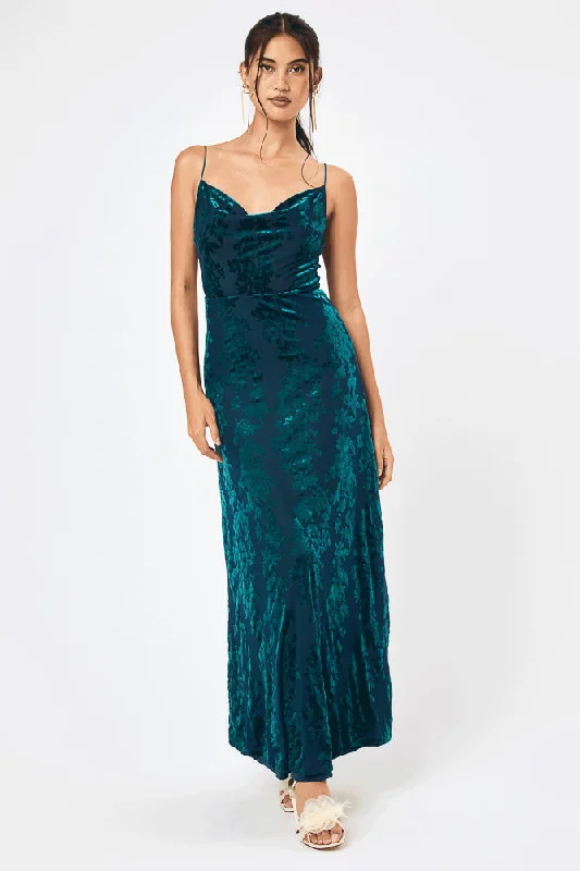 Pleated Women Dress with a Timeless and Elegant TextureTeal Jacquard Cowl Neck Maxi Dress Pleated Women Dress with a Timeless and Elegant TextureTeal Jacquard Cowl Neck Maxi Dress
