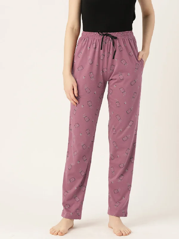 Shirred - cuffed lemon - colored lounge pants for a feminine and soft lookWomen's Printed Cotton Mauve Lounge Pants | LDLW-2328-1 | Shirred - cuffed lemon - colored lounge pants for a feminine and soft lookWomen's Printed Cotton Mauve Lounge Pants | LDLW-2328-1 |
