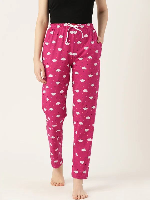 Maternity low - rise stretchy lounge pants for pregnant womenWomen's Printed Cotton Magenta Lounge Pants | LDLW-2325-1 | Maternity low - rise stretchy lounge pants for pregnant womenWomen's Printed Cotton Magenta Lounge Pants | LDLW-2325-1 |