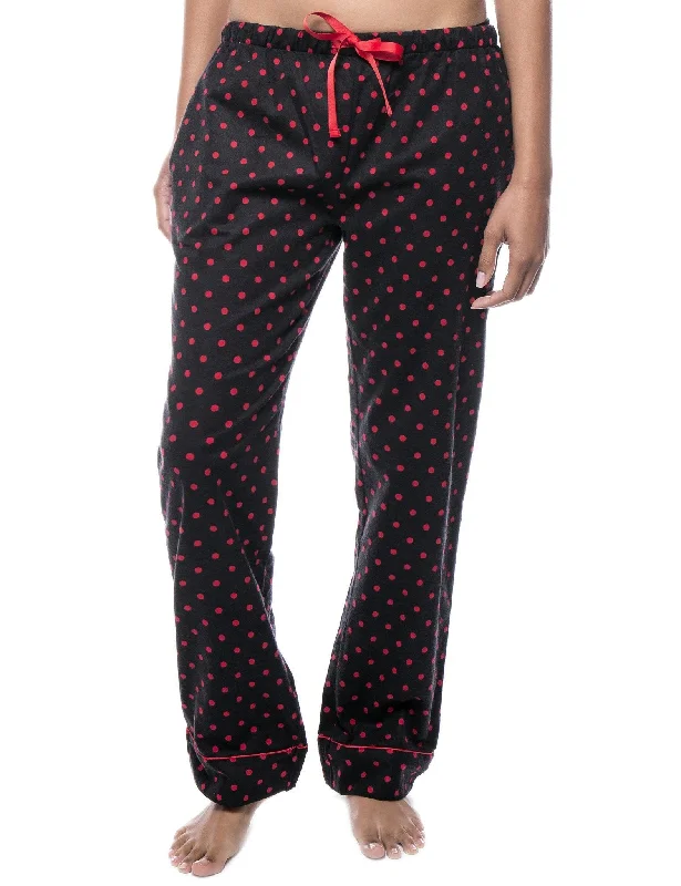 Smocked - cuffed plum - colored lounge pants for a charming and cozy lookWomens 100% Cotton Flannel Lounge Pants - Dots Diva Black/Red Smocked - cuffed plum - colored lounge pants for a charming and cozy lookWomens 100% Cotton Flannel Lounge Pants - Dots Diva Black/Red